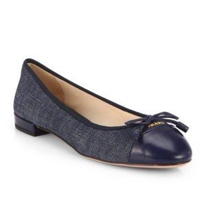 Prada Blue Denim Leather Cap Toe Logo Ballet Flats 6.5